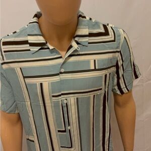 Express Men's Striped Button Down Shirt - Blue and Black